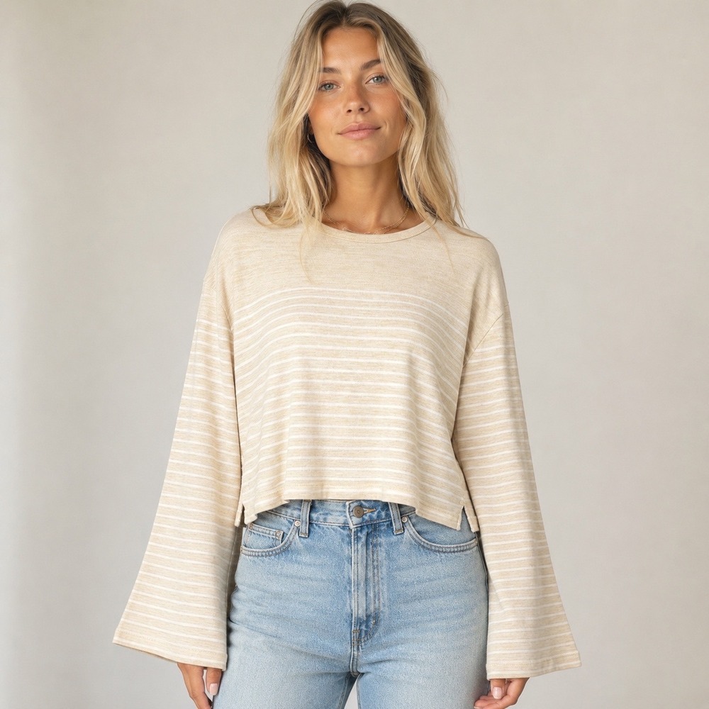 rag & bone Striped Long Sleeve Top Womens LG Beige White Bell Sleeve Jersey